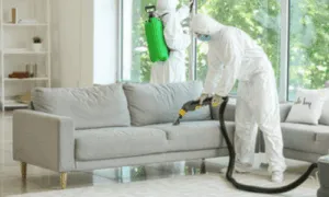 disinfestatore in tenuta con apposito macchinario, effettua una disinfestazione su un divano grigio in un'abitazione sullo sfondo una grossa vetrata e un altro disinfestatore