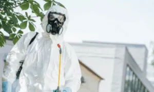 disinfestatore in tuta bianca con maschera in un'abitazione
